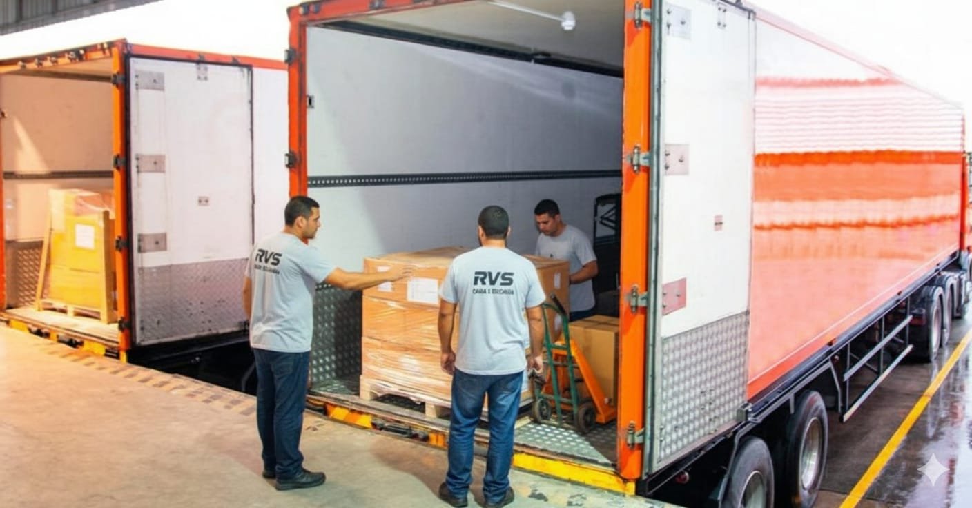 Equipe RVS descarregando caminhão em operação logística profissional