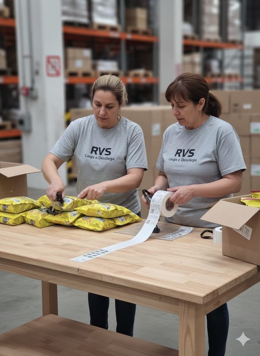 Equipe RVS realizando etiquetagem e reembalagem de mercadorias em operação logística