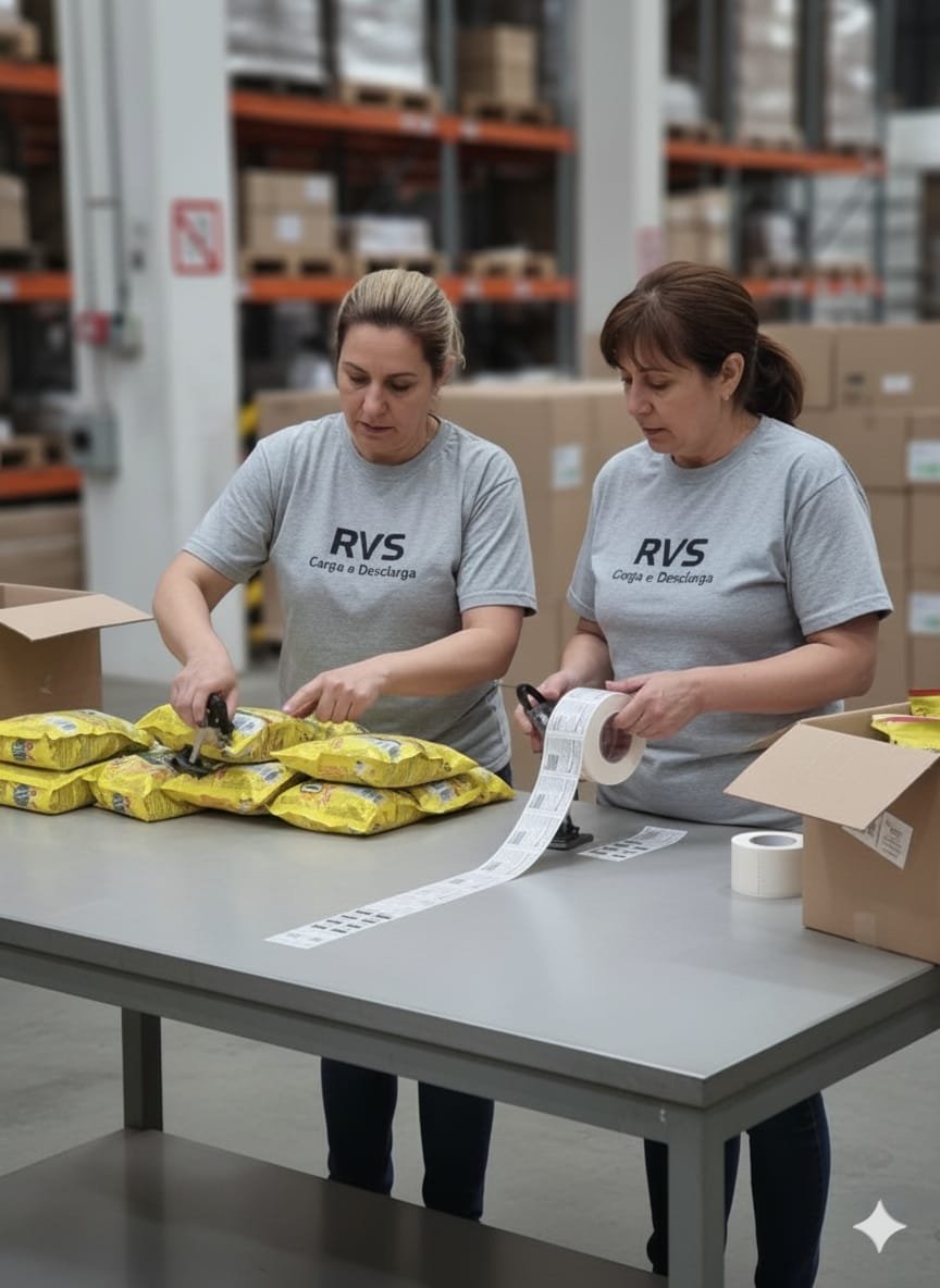 Equipe RVS fazendo etiquetagem e reembalagem de produtos em operação logística